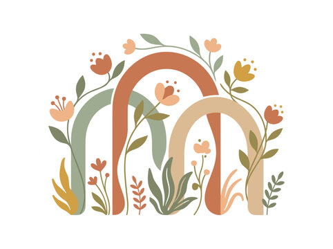 This minimalist vector artwork showcases botanical arches and pastel flowers set against a transparent background. It is perfect for textile patterns, wall decor, and stationery design.