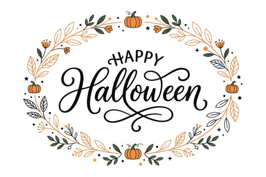 Happy Halloween typography features autumn floral wreath and pumpkins on a transparent background. Ideal for greeting cards, holiday invitations, and social media posts.