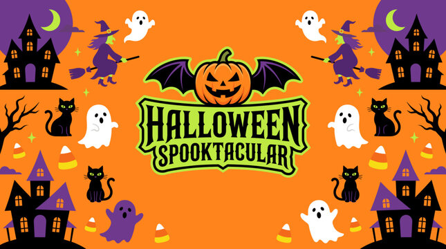 Halloween banner features spooky pumpkins, haunted castles and flying witches on an orange background. Ideal for holiday posters, party invitations, and seasonal web designs.