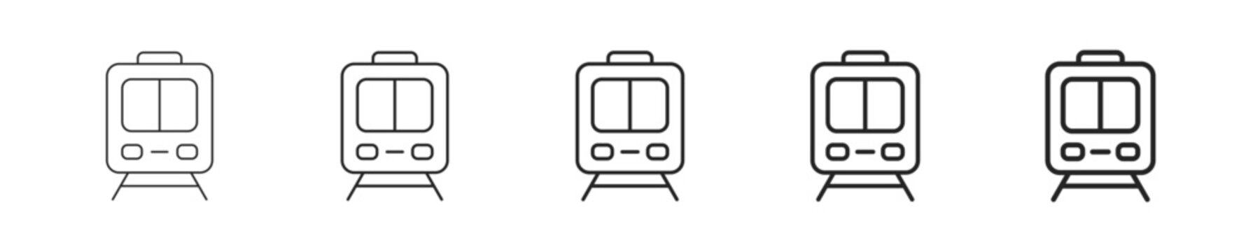 Train vector icon in minimalist line style. Clean editable stroke illustration with geometric design and monochrome appearance, isolated on white background