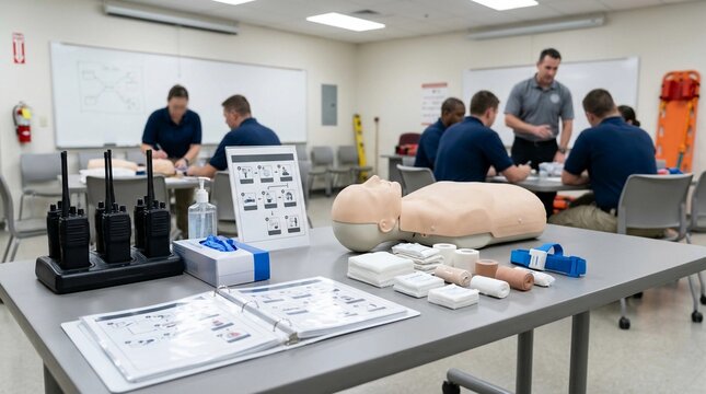 Emergency response training class with CPR mannequins and first aid equipment in a classroom