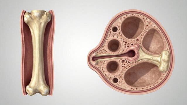 Medical illustration comparing healthy bone structure with osteoporotic bone density loss in cross-section view.