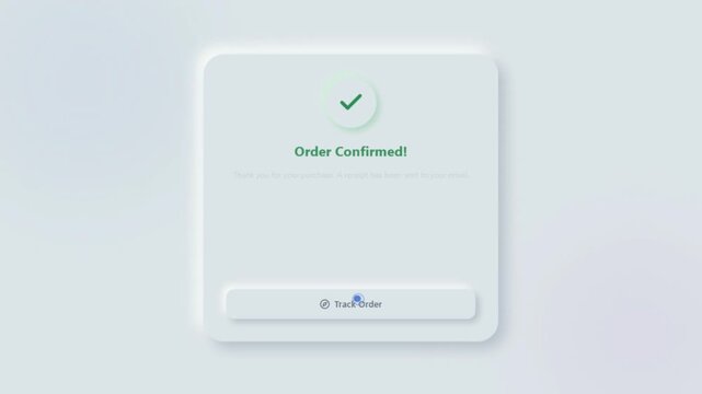 Online checkout confirmation interface animation showing wireless headphones purchase, order details, successful payment status and shipment tracking option