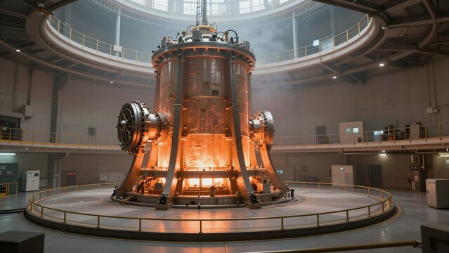A massive nuclear fusion reactor core emits intense orange light inside a circular industrial facility with elevated walkways and safety railings.