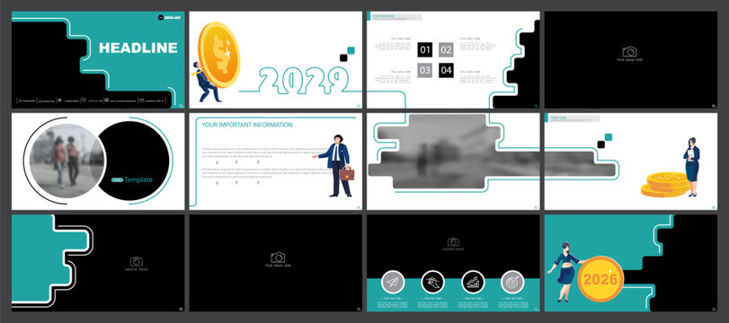 Template business presentations, green design elements on a white background. Businessman with finances for 2026, buying a property apartments. Use in flyer PowerPoint infographic. Vector illustration