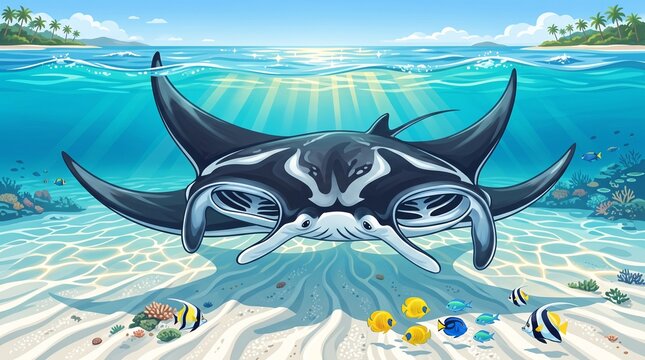 Giant Manta Ray Gliding Through Shallow Turquoise Ocean Water over White Sand Gouache Illustration