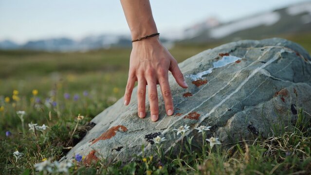 A person's hand with a bracelet gently resting on a large natural rock stone in a grassy field with textured stone surrounded