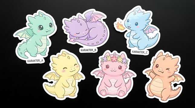 Cute pastel dragon character sticker set.