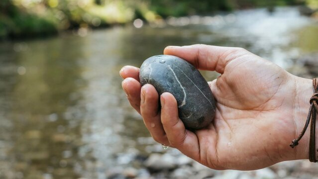 Person holding a smooth grey river stone in their hand by a flowing water stream with person holds wet