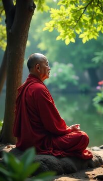 A serene monk in traditional robes meditating in a peaceful monastery garden , monk, meditation