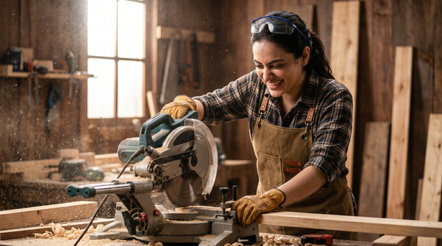 Cheerful female woodworker wearing safety goggles cutting timber with miter saw in workshop