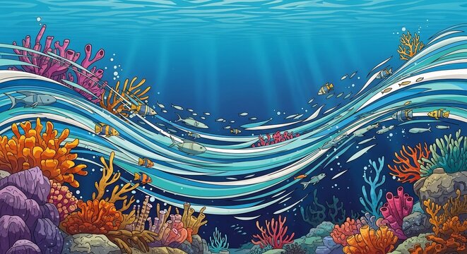 Underwater scene with coral reefs and marine life
