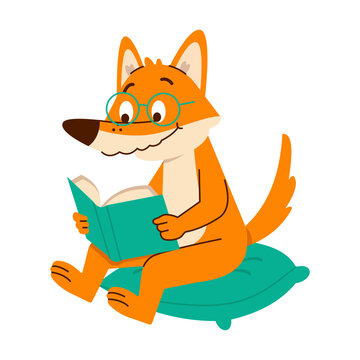 A relaxed orange fox sits on a teal cushion reading an open book, wearing round glasses in a calm and playful cartoon illustration 