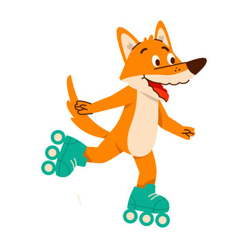 An energetic orange fox glides on teal roller skates with arms open for balance, creating a lively and playful sports cartoon illustration 