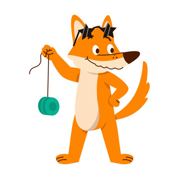 A smiling orange fox stands while playing with a teal yo-yo hanging from one paw, creating a simple and playful cartoon illustration 