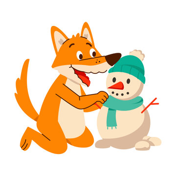 A cheerful orange fox decorates a small snowman with a teal hat and scarf, creating a playful winter activity in a cartoon illustration 