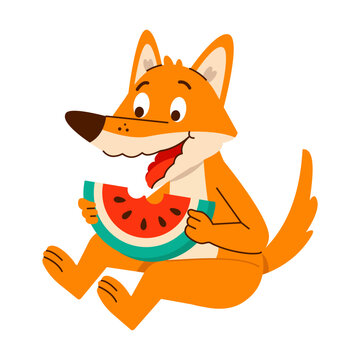 A cheerful orange fox walks while holding a large slice of watermelon, smiling in a bright and playful food-themed cartoon illustration 