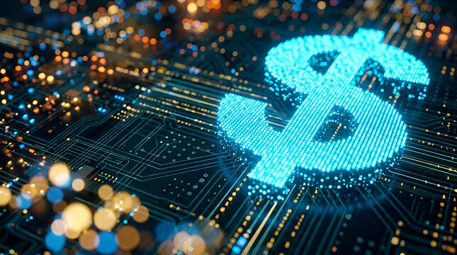 Digital Dollar Sign Glowing on Electronic Circuit Board Representing Fintech and Cyber Financial Success