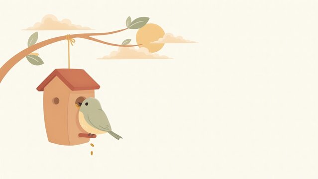 Illustration of a bird perched on a feeder hanging from a tree branch against a sky background with branch sun clouds