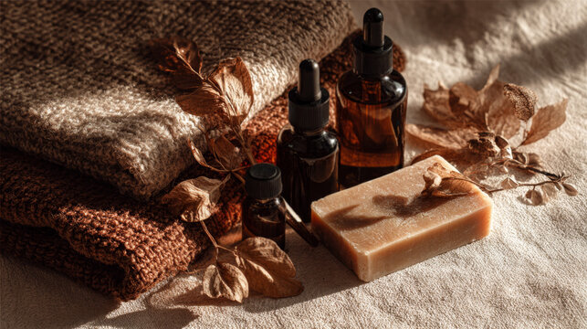 Natural Spa Set with Handmade Soaps, Oils, and Candlelight