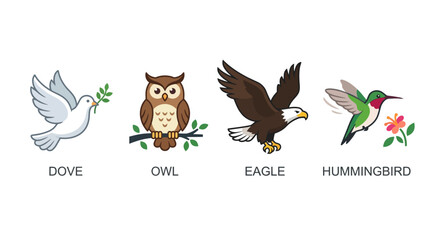 Fototapeta premium Bird species icons set with dove owl eagle and hummingbird