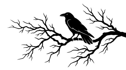 Naklejka premium Raven perched on bare tree branch silhouette set