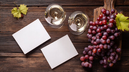 Fototapeta premium Red and White Wine with Grapes and Blank Cards on Wood