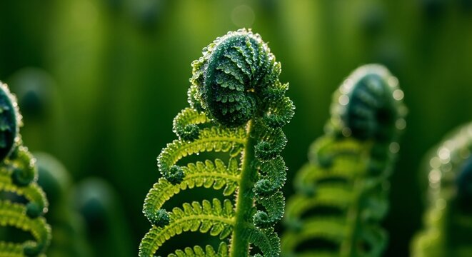 Unfurling fern fronds macro view