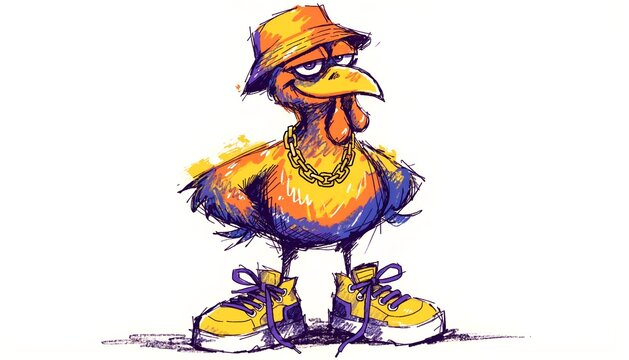 Cool cartoon chicken character wearing a bucket hat and sneakers in a hip hop style.