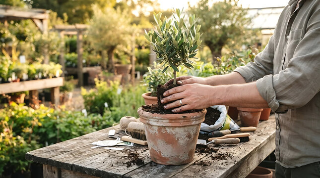 A person's hands carefully transplanting a small plant into a terracotta pot on a wooden table in a sunny garden nursery.