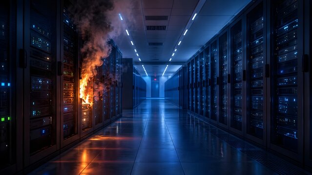 Fire And Smoke Breaking Out In Data Center Server Rack Corridor