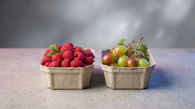 Two eco-friendly containers filled with fresh raspberries and grapes on a light surface.