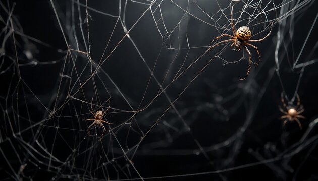 Spiders on a detailed cobweb against a dark background for Halloween and nature themes