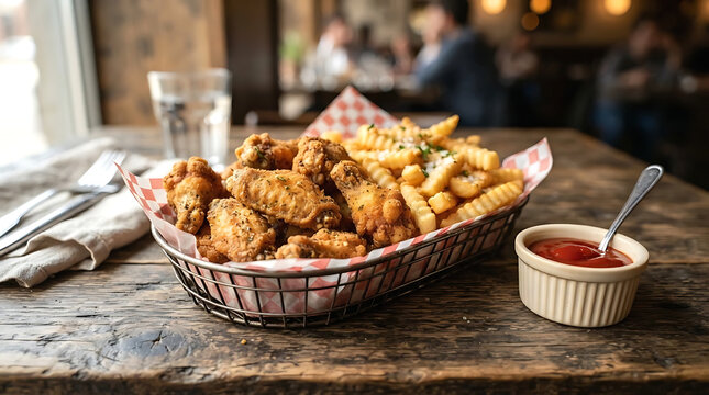 A metal basket filled with crispy fried chicken wings and golden french fries served with ketchup and water on a rustic wooden table in a restaurant.