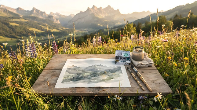 A serene outdoor watercolor painting setup in a vibrant mountain meadow with wildflowers and majestic peaks in the background.