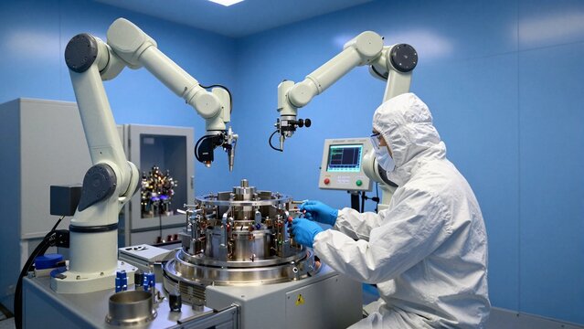 A scientist in protective gear carefully manages a cyclotron device while robotic arms assist with precision handling in a sterile laboratory environment.