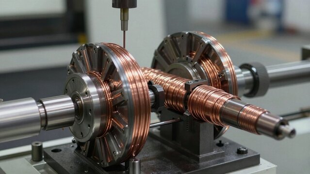 Automated machine winds copper wire around metal cores during ignition coil manufacturing process.