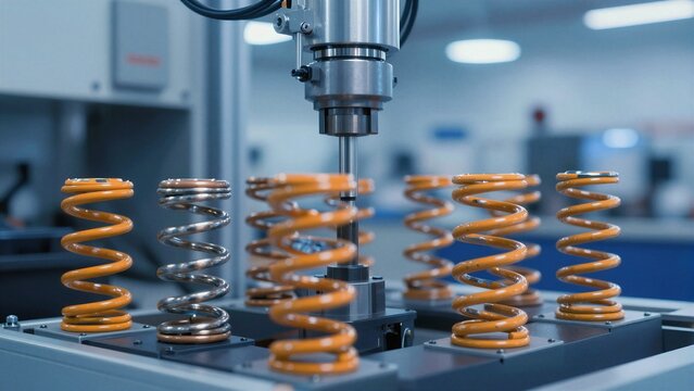 Precision spring coiling machine manufacturing orange and silver coil springs in a clean industrial setting.