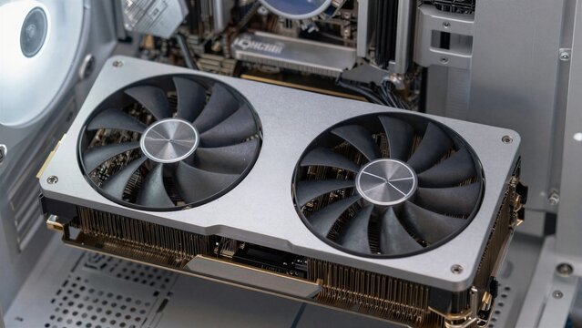 Close-up of a dual-fan graphics card cooling system installed inside a computer case with visible internal components.