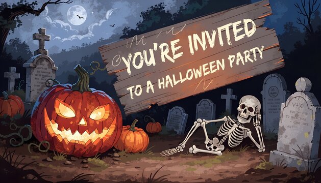 Spooky Halloween party invitation featuring pumpkins and a skeleton.