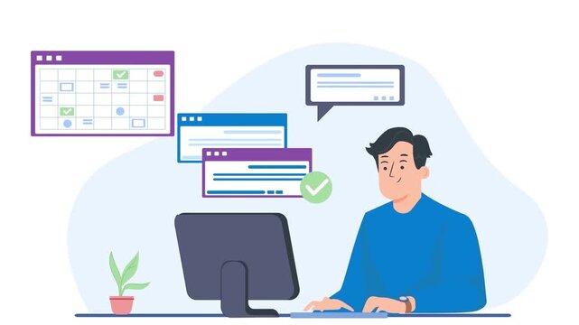 2D Animated Male Worker Sitting at Computer Managing Multiple Digital Screen Windows Flat Vector Character Animation Footage