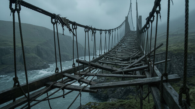 Abandoned Suspension Bridge Over a Misty Mountain Gorge