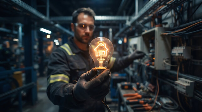 A man in an industrial setting holding a glowing lightbulb with a house icon, symbolizing smart energy solutions.