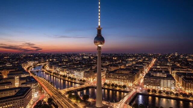 Berlin Skyline at Dusk with TV Tower and River
