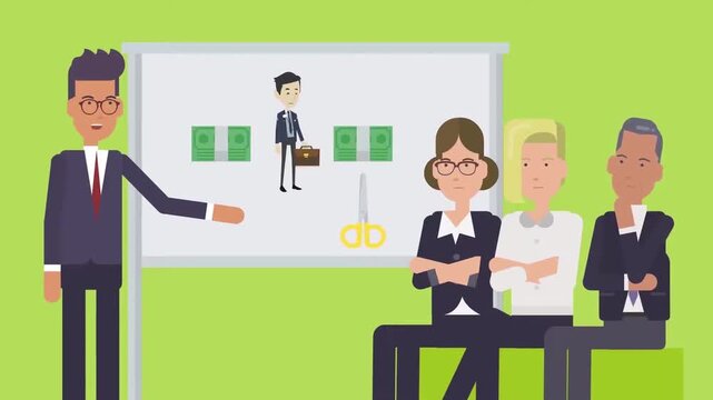 2D Animated Executive Presenting Money Budget Cut Chart with Scissors to Office Team Flat Vector Character Animation Footage
