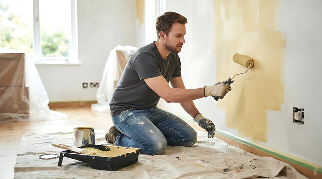 Man in casual clothes kneeling on a drop cloth, painting a wall with a roller during home renovation.