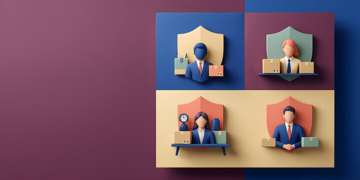 Inventory, equipment, liability and interruption represented as four protected business modules for insurance, legal services, personal administration, consumer protection and financial-planning