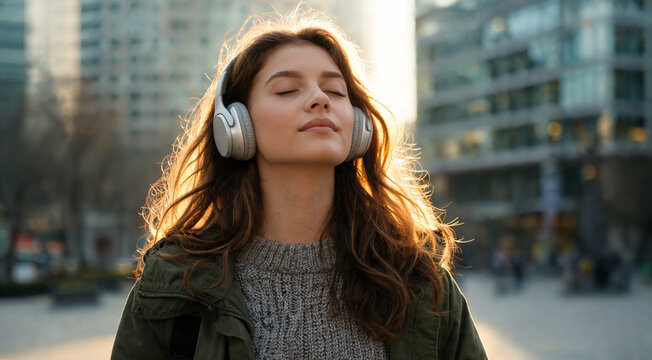 Young woman listens to music while enjoying a sunny day in the city center with buildings in the background