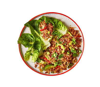 Thai-style rice larb served with crisp lettuce leaves