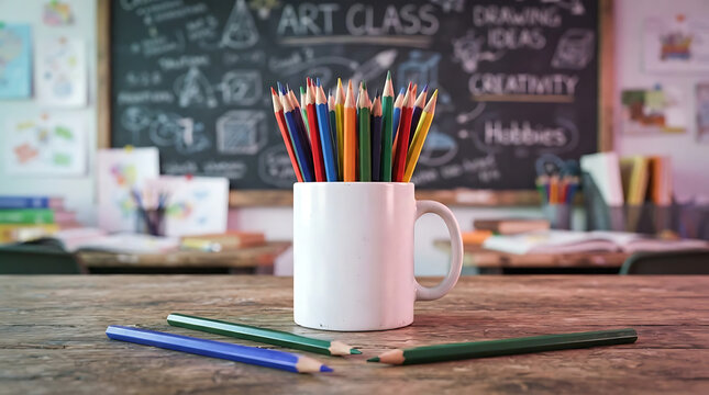 A white mug filled with colorful pencils sits on a wooden desk in an art classroom with a blackboard displaying "ART CLASS" and creative ideas.